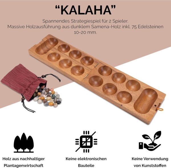 LOGOPLAY Kalaha Gr. L - Hus - Bao - Juego de judías - Juego de Gemas - Juego de guijarros de Madera de Samena Marrón - Image 5