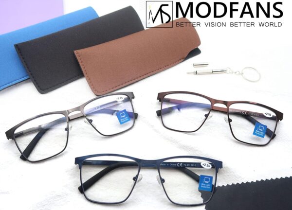 MODFANS Un Pack de 3 Gafas de Lectura Hombres Anti Luz Azul,Rectangular Metal Acero Inoxidable - Lente Clara,Vision Clara - Ligeras Comodas,Colores Gris Marron Azul - Image 6