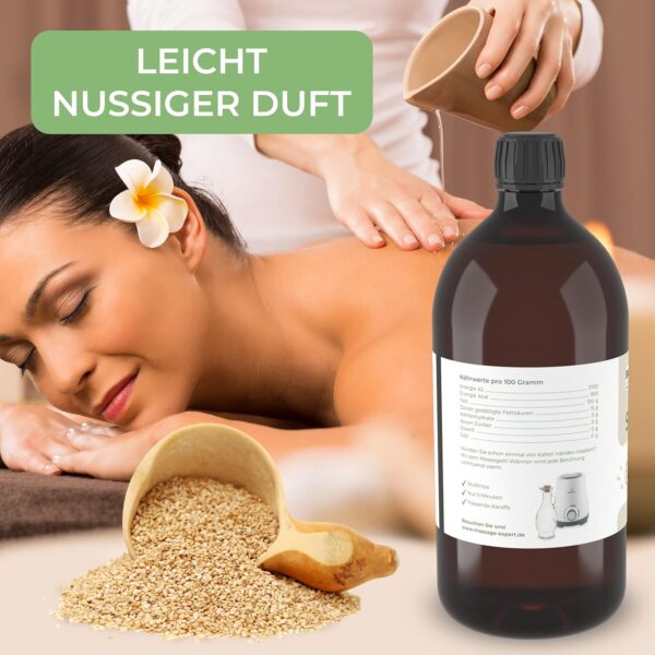 MASSAGE-EXPERT Aceite de sésamo orgánico prensado en frío – Aceite base madura para masajes, ayurveda, cuidado de la piel y cuidado del cabello [1 litro con cierre de salpicaduras] - Image 5