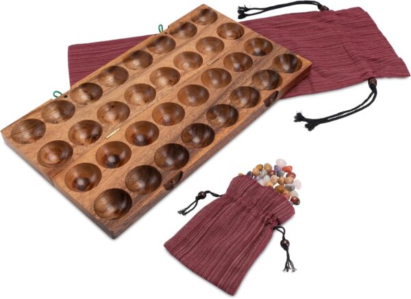 LOGOPLAY 85 Hus - Bao - Kalaha - Juego de alubias - Juego de Conchas - Juego de Piedras Preciosas Hecho de Madera de Samena Que Incluye Piedras Preciosas y Bolsa de Tela - Image 2