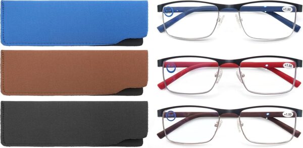 MODFANS Un Pack de 3 Gafas de Lectura Hombres Mujeres Anti Luz Azul,Rectangular Metal Acero Inoxidable - Lente Clara,Vision Clara - Ligeras Comodas,Colores Marron Azul Rojo - Image 2