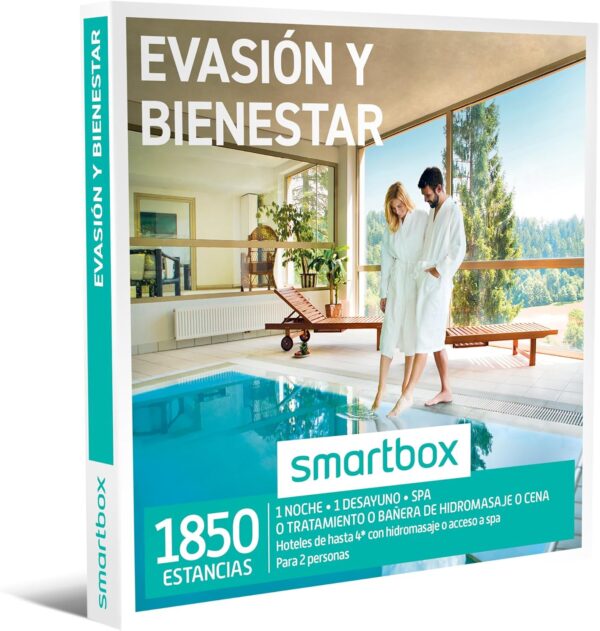 Smartbox - Caja Regalo para Hombre o Mujer - Evasión y Bienestar - Ideas Regalos Originales - 1 Noche con Desayuno y SPA, bañera de hidromasaje, Tratamiento o Cena para 2 Personas