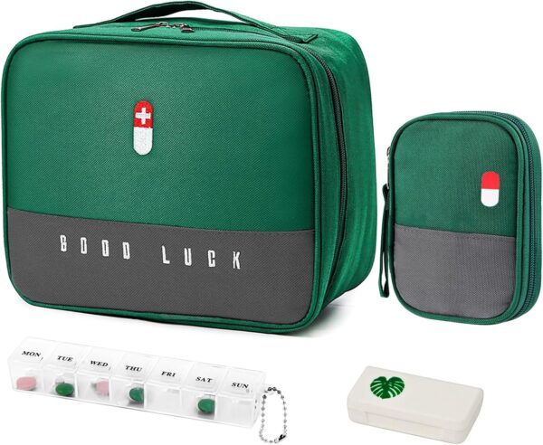 WuGU 2PCS Botiquín de Primeros Auxilios, Mini Kit Primeros Auxilios Trae Pastillero con 2 Cajas de Pastillas, Mini Botiquin de Primeros Auxilios Impermeable para Escuela, Viajes, Camping - Verde