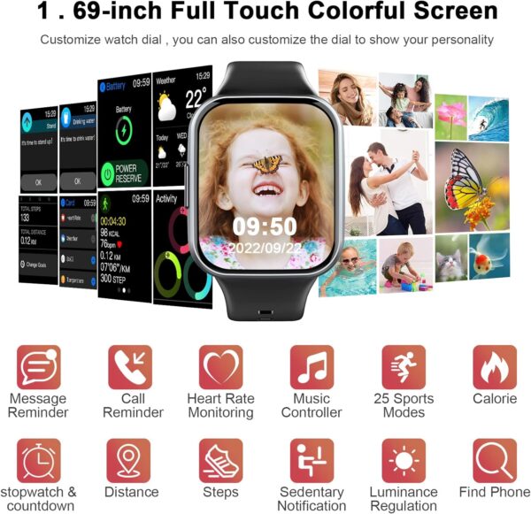 Reloj Inteligente Hombre Mujer, Nueva Smartwatch con Pulsómetro, 1.69" Smartwatch Hombre con Monitor de Sueño, Podómetro, 25 Modos Deportes, Impermeable IP68 Pulsera Actividad para Android iOS 2024 - Image 2