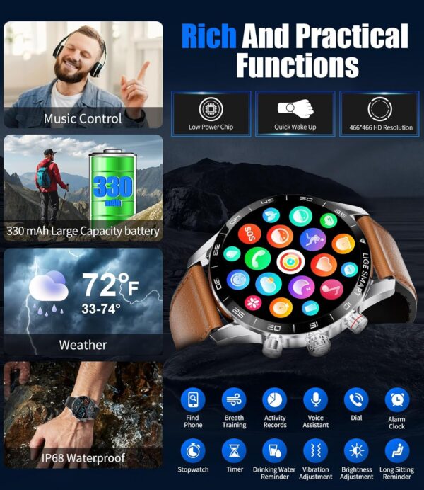 LIGE Reloj Inteligente Hombre, 1.43'' AMOLED Smartwatch Hombre, Llamadas y Asistente Voz, 2 Correas, 15 días de duración de la batería, 124 Deportes Modo Reloj Deportivo para Android iOS, Marrón - Image 4