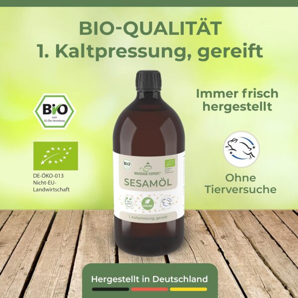 MASSAGE-EXPERT Aceite de sésamo orgánico prensado en frío – Aceite base madura para masajes, ayurveda, cuidado de la piel y cuidado del cabello [1 litro con cierre de salpicaduras] - Image 2