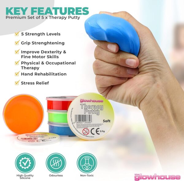 Juego de 5 masillas terapéuticas compresibles no tóxicas antiestrés de primera calidad para ejercitar las manos, 5 niveles de fuerza para adultos y niños, botes de 57 g codificados por colores - Image 4