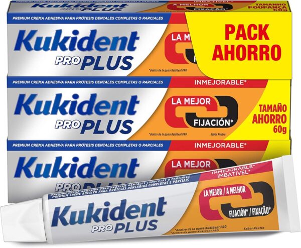 Kukident Plus Doble Acción Adhesivo para prótesis dentales, Pack de 3