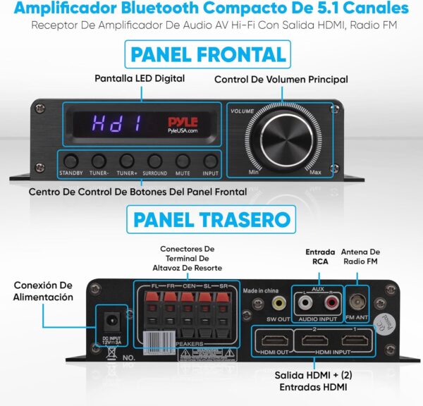 Pyle amplificador de sonido, Para el hogar, 100W, Bluetooth, Inalambrico, Receptor estereo de potencia de cine en casa de 5.1 canales, sonido envolvente con HDMI, AUX, FM, Entrada de altavoz subwoofer - Image 3
