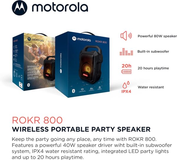 Motorola Sound ROKR 800 - Altavoz Bluetooth - Batería de 20 horas de duración - Radio FM - LED de colores - Puertos DC, USB, AUX y MIC - Tecnología inalámbrica verdadera - Negro - Image 2