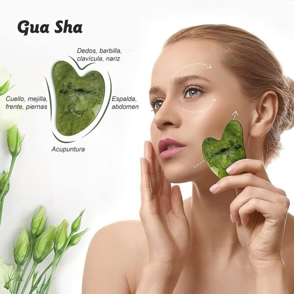 Gua Sha + Rodillo Facial Jade + Guía de Uso – 100% Natural – Masajeador Facial – Antiarrugas – Masajeador Ojos – Rodillo Masaje Relajante y Reafirmante (Set Jade) - Image 4