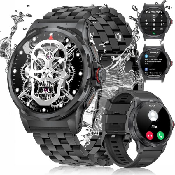 ESFOE Smartwatch Hombre Militar con Llamadas Bluetooth, IP68 Impermeable Smartwatch con 129+ Modos Deportivos/SpO2/Pulsómetro/Monitor de Sueño,Reproducir Música,Reloj Inteligente Hombre iOS Android
