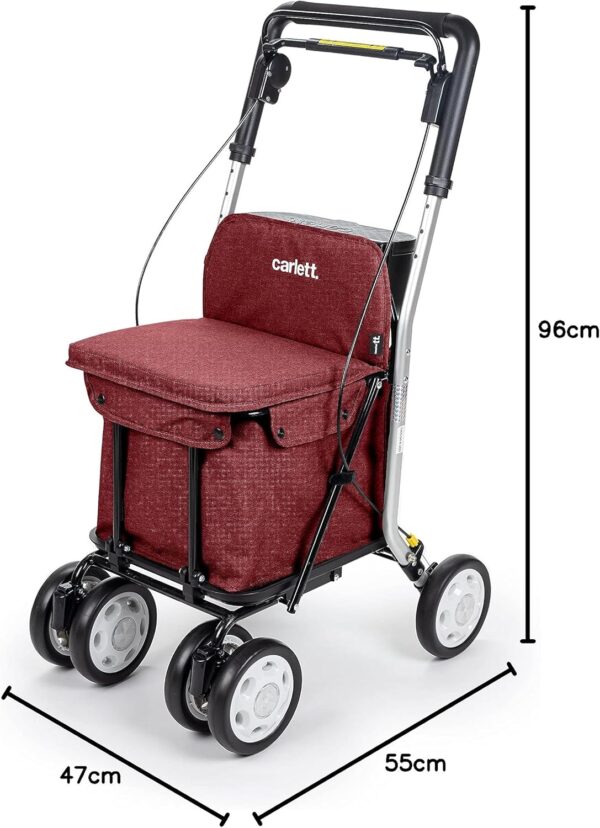 Carlett – Carro de la Compra y Andador con Asiento para Ancianos - Carrito Plegable para Supermercado de 4 Ruedas, con Bolsa Extraíble 29L/15kg – Modelo Comfort, Color Rojo - Image 9