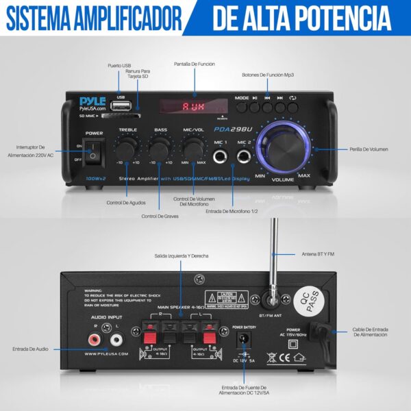 Pyle Amplificador de Sonido Estereo, Bluetooth, Inalambrico, 200W, Sonido de Doble Canal, para el hogar, para el Estudio, con RCA, USB, SD, Entrada de microfono, Radio FM - Image 2