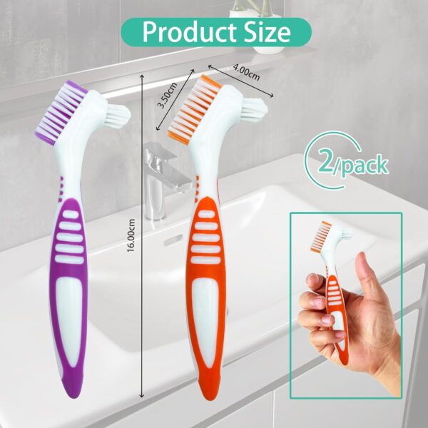 FloraVigo - Juego de 2 cepillos de dientes para dentaduras postizas, mini cepillo de dientes, cabezal de cepillo de doble ángulo, cepillo de limpieza de prótesis ergonómico portátil (Verde+naranja) - Image 2