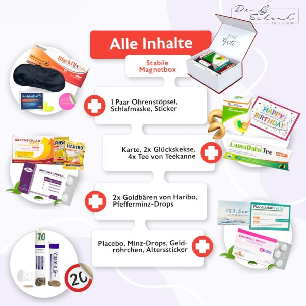 Divertido juego de primeros auxilios – Caja de regalo – 12 piezas – Divertido regalo de cumpleaños para 20 cumpleaños con contenido variado – para hombres y mujeres, incluye regalo de dinero, - Image 2