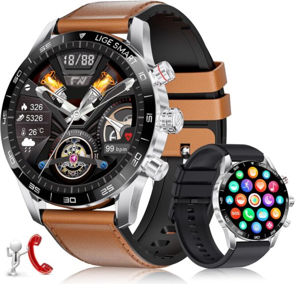 LIGE Reloj Inteligente Hombre, 1.43'' AMOLED Smartwatch Hombre, Llamadas y Asistente Voz, 2 Correas, 15 días de duración de la batería, 124 Deportes Modo Reloj Deportivo para Android iOS, Marrón
