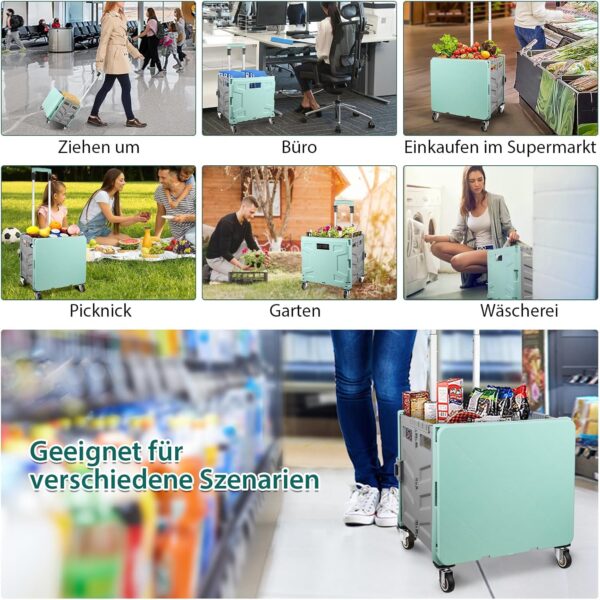 Carro de la compra plegable, carrito de transporte, hasta 50 kg, caja de 50 l, cesta de la compra con tapa, mango extensible de aluminio, 4 ruedas de goma giratorias 360°, 100x41x35 cm, verde y gris - Image 7