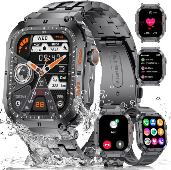 ESFOE Reloj Inteligente Hombre(3 Correas), 1.96'' 400mAh Smartwatch Hombre con Llamada Bluetooth,IP68 Impermeable,Cuerpo Metálico de Acero Inoxidable,100+Deportes Militar Smart Watch para Android iOS