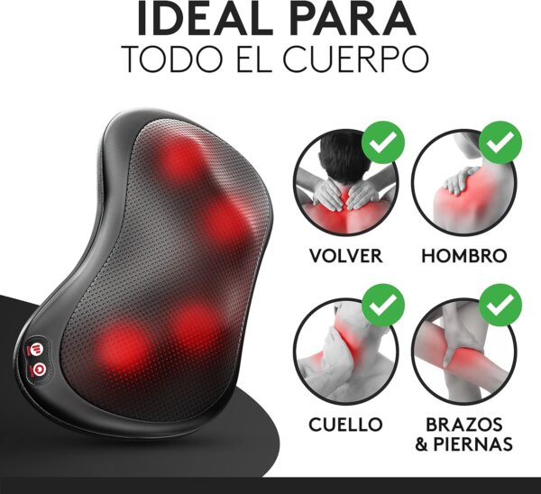 Wellax almohada de masaje relajante con función de calor y rotación de 360°, Shiatsu con 3 velocidades para hombros y espalda, incluye cinturón de extensión, masaje para el cuello Negro - Image 5