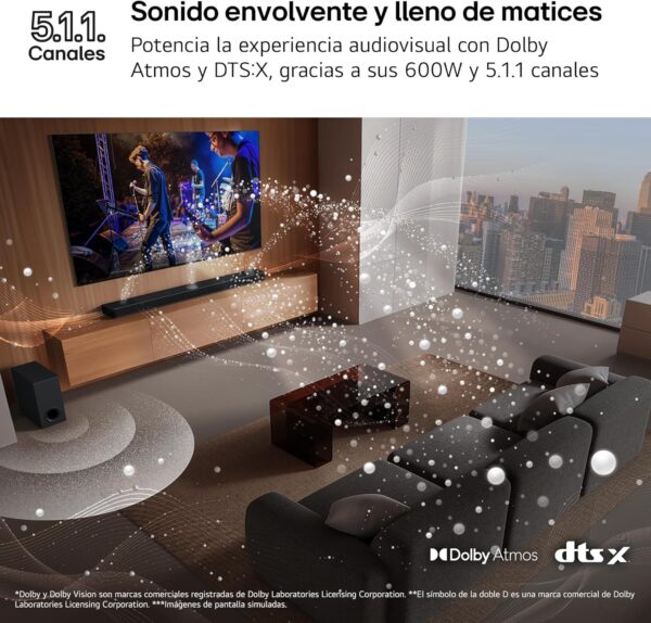 LG S70TR - Barra de Sonido Inteligente, 500W Potencia y 5.1.1 Canales, Altavoces Dobles Traseros Inalámbricos, Sonido Envolvente Dolby Atmos y DTS:X, Hi-Res 24bits/96kHz - Image 10