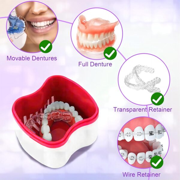 2 Cajas para Dentaduras Postizas Ortodoncia con 2 Cepillos de Dientes, Estuches de Baño para Dentaduras de Plástico, Recipiente de Dientes Postizos, Tazas de Limpieza Dentaduras con Cesta de Enjuague - Image 3