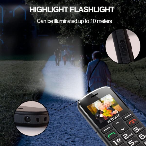 artfone Teléfono Móvil para Personas Mayores, CS182 Senior Móviles de Teclas Grandes y Volumen Alto, Botón SOS, Base Cargadora, Batería de 1400 mAh, Cámara, Negro - Image 7