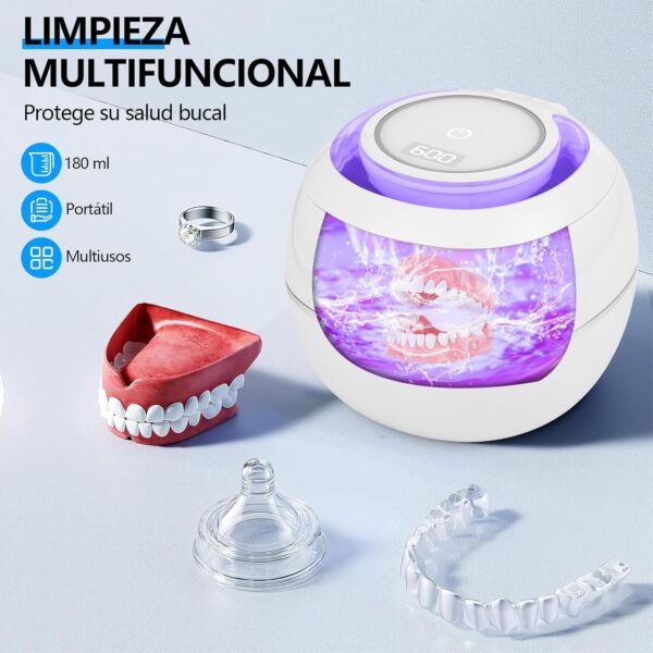 Limpiador Ultrasónico UV, 42000HZ Limpiador Ultrasonidos Dental 180ml para Dentaduras Postizas, Alineadores, Retenedores, Cabezas de Cepillos de Dientes, 30W Limpieza Ultrasónico Eficiente de 360° - Image 5