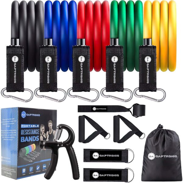 CAPTRONIC Gomas elasticas musculacion | Incluye Ejercitador de Mano y Manual con Fotos | Bandas elasticas musculacion Fabricadas en Látex | Bandas Elásticas Ideal para Deporte y Fitness en Casa, TRX