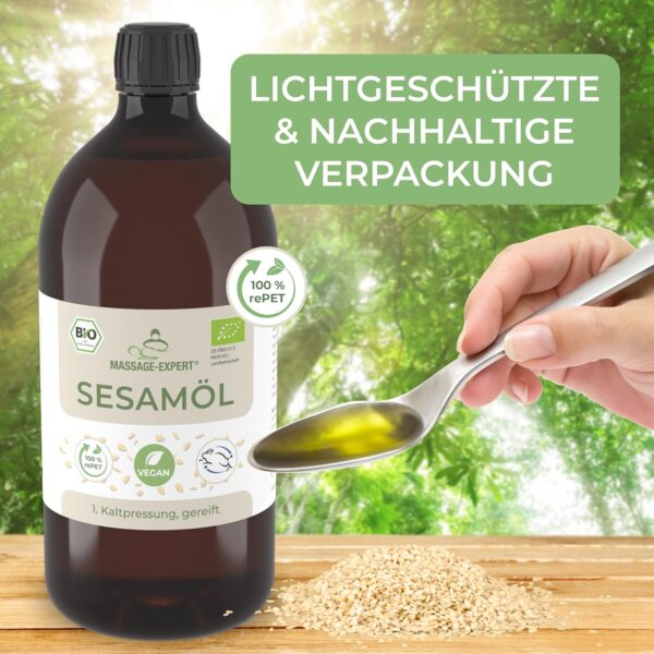 MASSAGE-EXPERT Aceite de sésamo orgánico prensado en frío – Aceite base madura para masajes, ayurveda, cuidado de la piel y cuidado del cabello [1 litro con cierre de salpicaduras] - Image 6