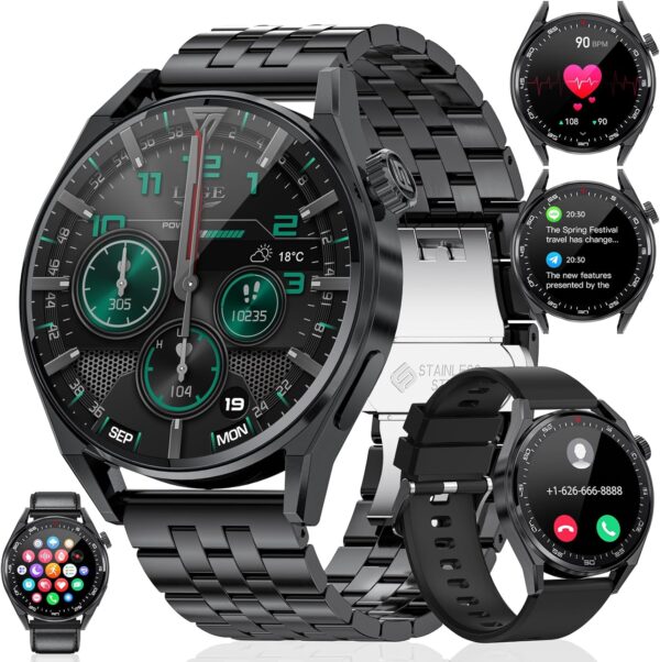 LIGE Reloj Inteligente Hombre, Smartwatch Hombre 1.39''con Llamadas y Asistente Voz, 3 Correas, 360Amh, 100+ Deportes Modo, Acero Inoxidable para Android iOS