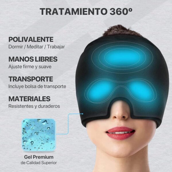 RECOVERY PLUS - Gorro Migraña con Gel Frío y Calor 360° para Alivio de Dolor de Cabeza, Sinusitis, Jaqueca, Bolsas y Ojeras | Antifaz Térmico Ajustable | Incluye Bolsa de Almacenamiento. - Image 6