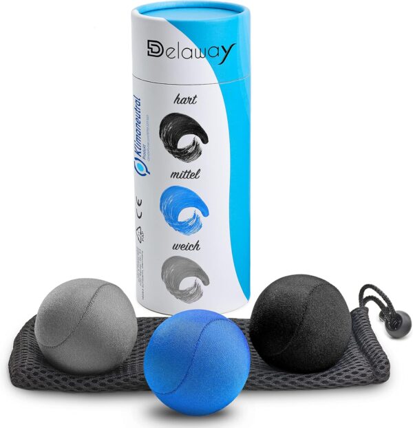 DELAWAY Juego de pelotas antiestrés para adultos – Bolas terapéuticas de mano en 3 niveles – Pelotas antiestrés para adultos – Bolas de relajación y alivio del estrés (6 cm, negro, azul claro, gris)
