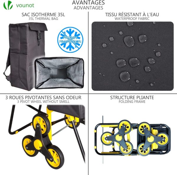 VOUNOT Carro de la Compra de 6 Ruedas Plegable con Asiento y Bolsa Térmica de 35 L, para Subir Escaleras, Negro - Image 4