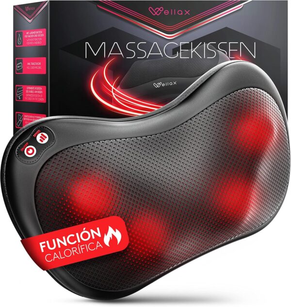 Wellax almohada de masaje relajante con función de calor y rotación de 360°, Shiatsu con 3 velocidades para hombros y espalda, incluye cinturón de extensión, masaje para el cuello Negro