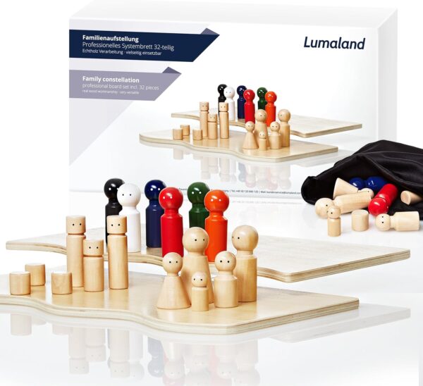 Lumaland Juego Pedagógico para el Entrenamiento y la Terapia Familiar Constelaciones Familiares y Sistémicas con 32 Figuras de Madera