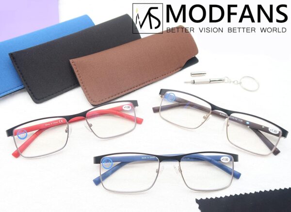 MODFANS Un Pack de 3 Gafas de Lectura Hombres Mujeres Anti Luz Azul,Rectangular Metal Acero Inoxidable - Lente Clara,Vision Clara - Ligeras Comodas,Colores Marron Azul Rojo - Image 6