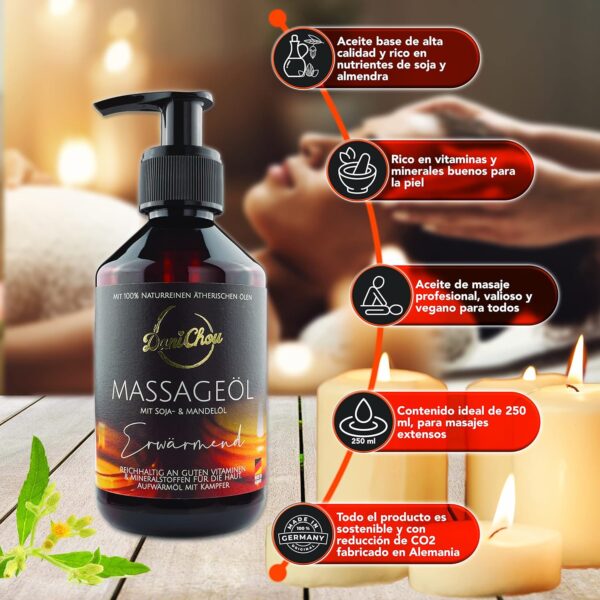 DaniChou® Massage Calentamiento, 250ml con aceite de soja y aceite de almendras, cosmética 100% natural vegano, aceite de masaje con alcanfor para una sensación de calor directo y relajante en la piel - Image 2
