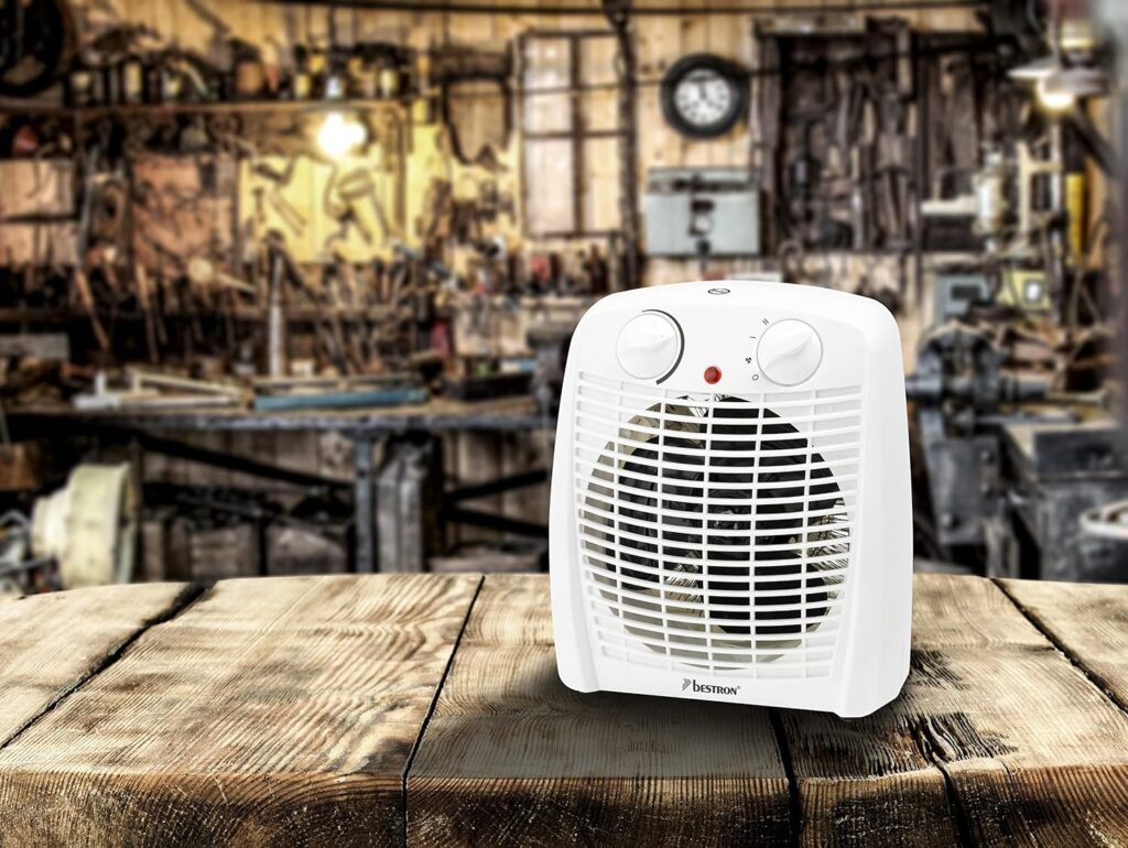 Bestron Calefactor, Termoventilador con 2 niveles de potencia, incl. protección antivuelco y contra sobrecalentamiento, para habitaciones de hasta 20 m², 2000 vatios, color: blanco