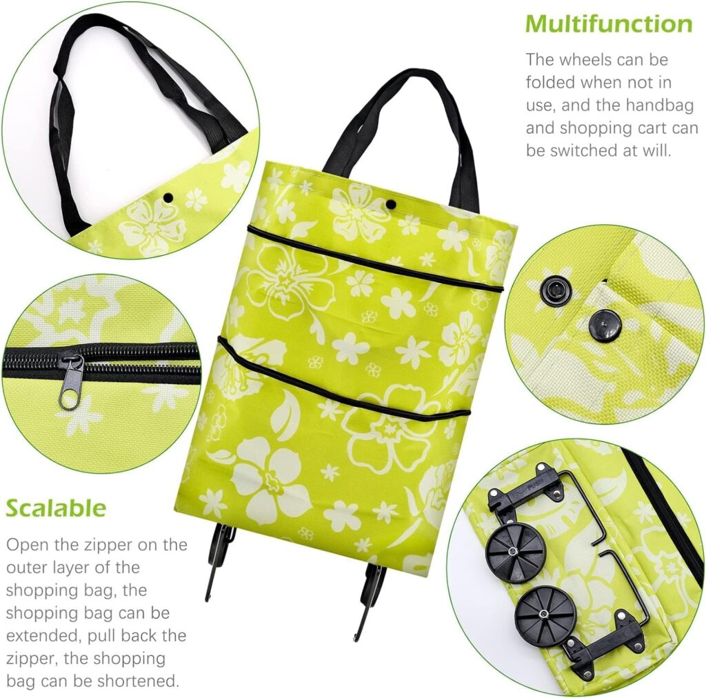 Carro de la compra Bolsa de la compra con ruedas 2 en 1 Carro de la compra plegable Multifuncional Bolsa para carrito de compras Gran capacidad, verde, adecuado para viajes, compras, camping