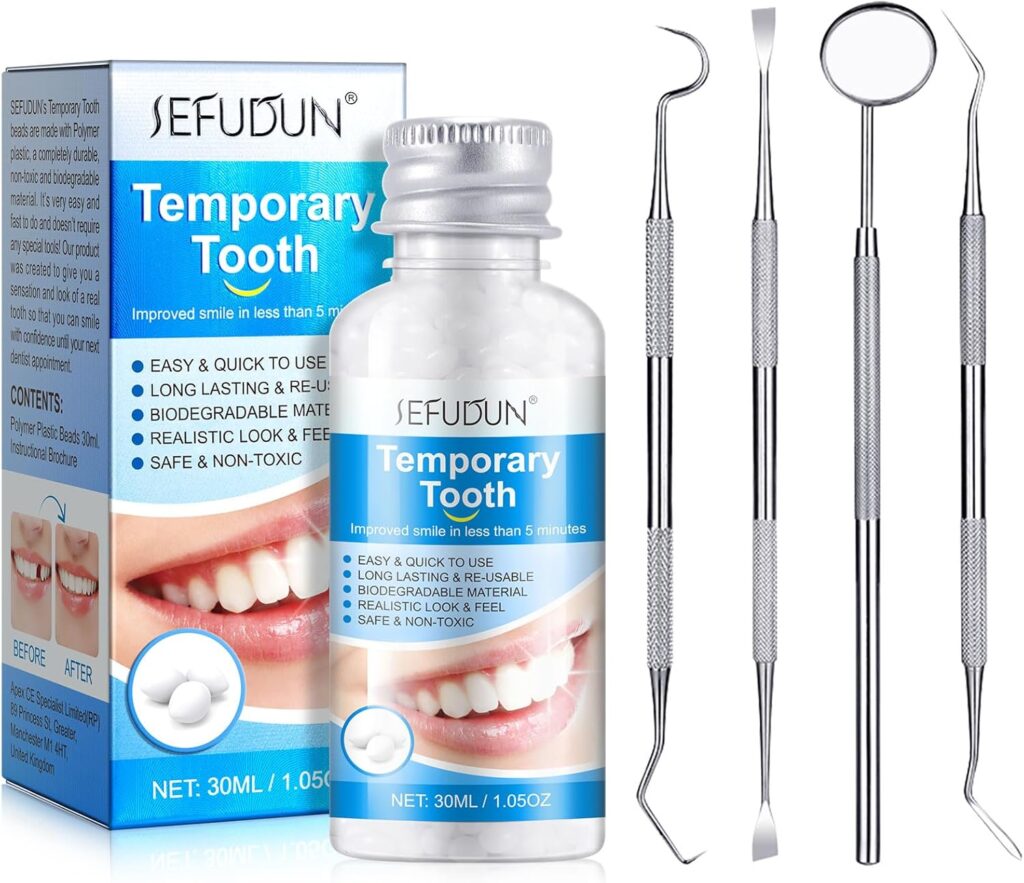 Kit de reparación temporal de dentaduras postizas, juego de 4 piezas de cuidado dental, adhesivo para rellenos de dentaduras postizas y kit de cuidado dental para reparación de dientes rotos