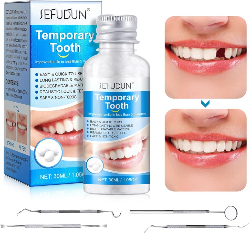 Kit de reparación temporal de dentaduras postizas, juego de 4 piezas de cuidado dental, adhesivo para rellenos de dentaduras postizas y kit de cuidado dental para reparación de dientes rotos