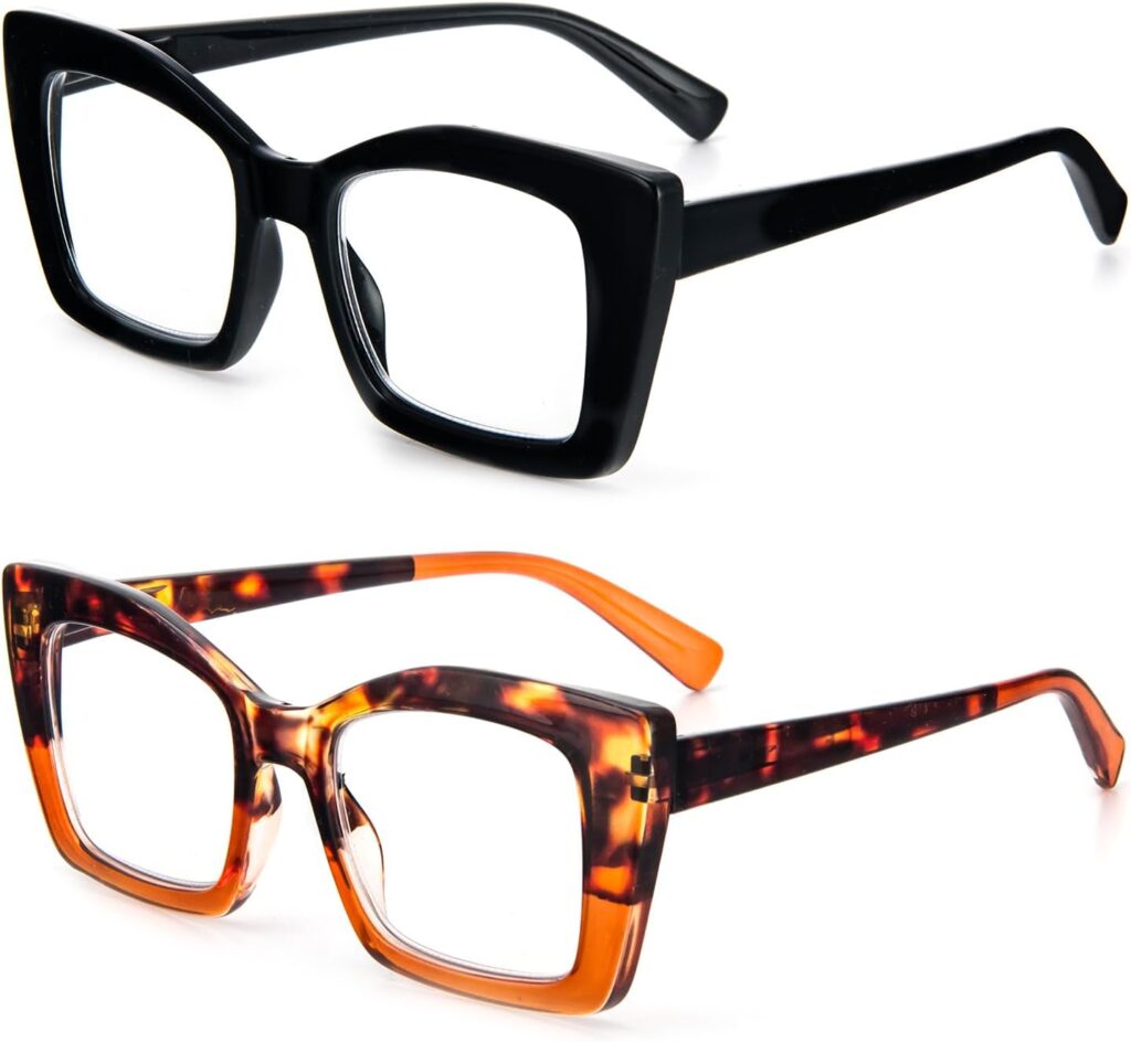 MMOWW Paquete de 2 gafas de lectura de gran tamaño para mujeres con montura cuadrada, estilo de moda, anti luz azul para mujeres y hombres