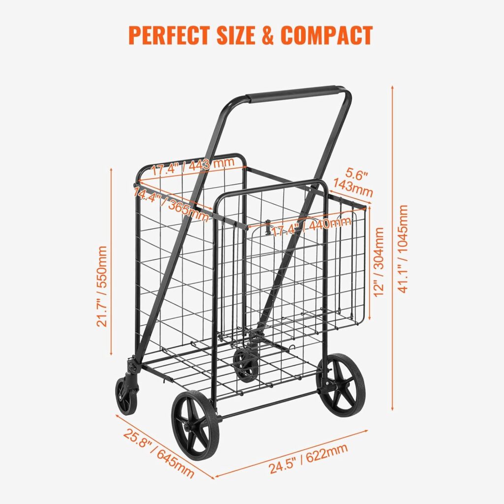 VEVOR Carro de Compra Plegable Carga de 150,5kg con 4 Ruedas Más de 85L Carro de Supermercado con 2 Cestas Carro de Compra de Hierro con Forro Impermeable Carro Multiusos Resistente para Ir de Compras