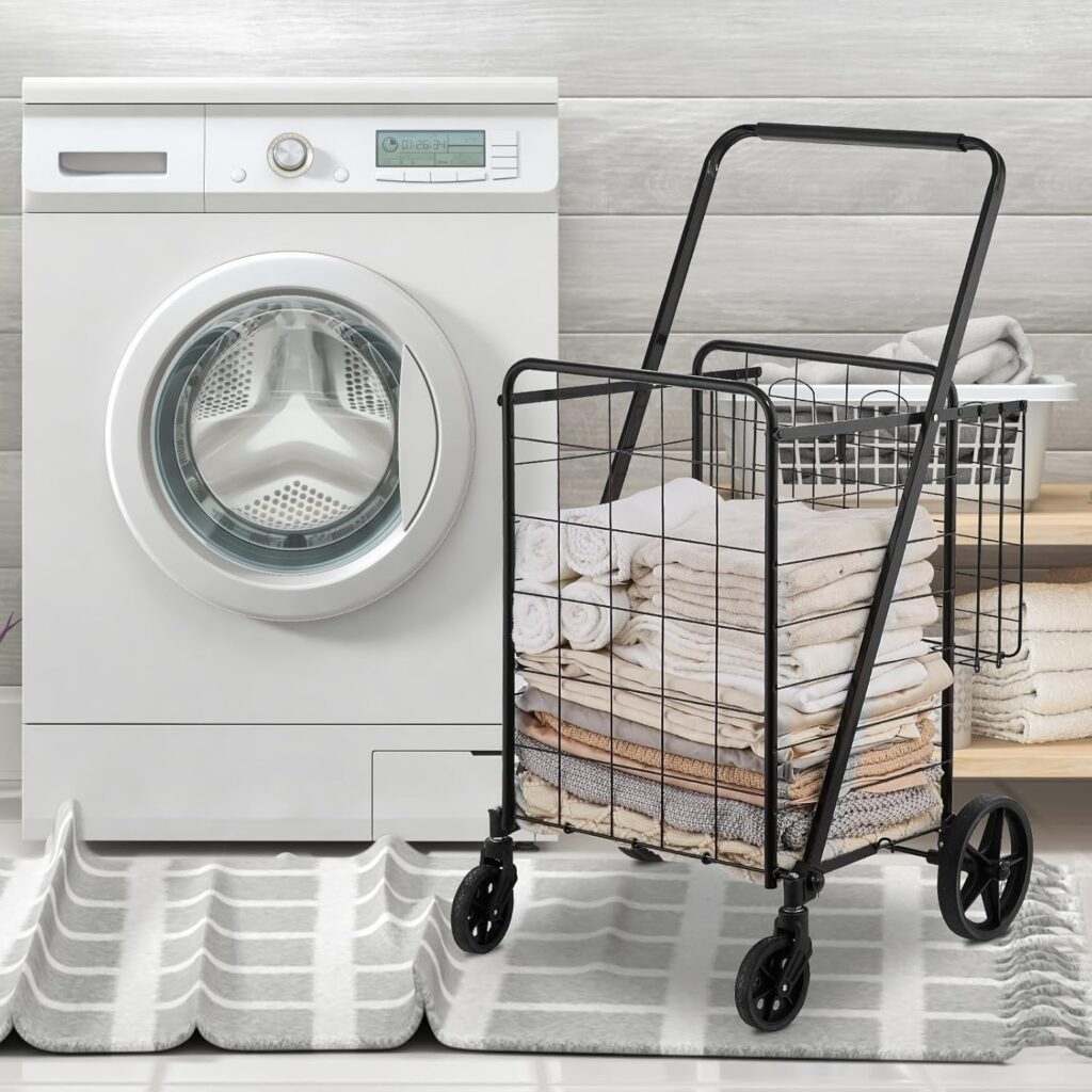 VEVOR Carro de Compra Plegable Carga de 150,5kg con 4 Ruedas Más de 85L Carro de Supermercado con 2 Cestas Carro de Compra de Hierro con Forro Impermeable Carro Multiusos Resistente para Ir de Compras
