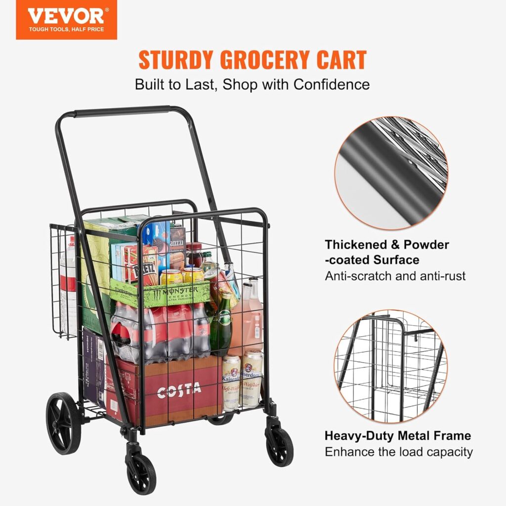 VEVOR Carro de Compra Plegable Carga de 150,5kg con 4 Ruedas Más de 85L Carro de Supermercado con 2 Cestas Carro de Compra de Hierro con Forro Impermeable Carro Multiusos Resistente para Ir de Compras