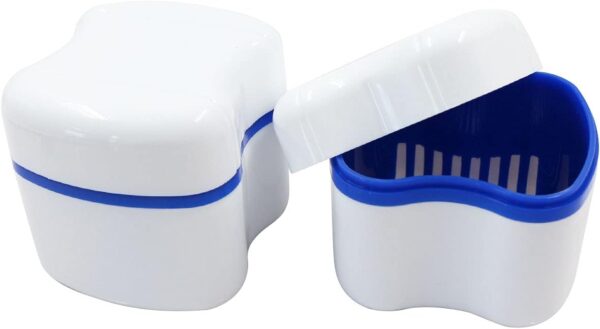 Caja de prótesis dentales tercera almacenamiento, 2pcs caja de dientes de la dentadura de plástico PE, copa de ortodoncia con cesta de filtro colgante, caja de prótesis dentales capa (Blanco/Azul) - Image 7