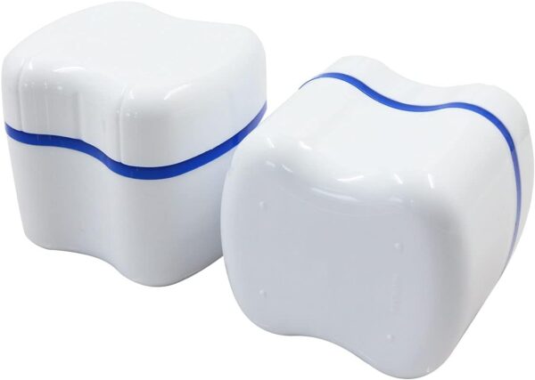 Caja de prótesis dentales tercera almacenamiento, 2pcs caja de dientes de la dentadura de plástico PE, copa de ortodoncia con cesta de filtro colgante, caja de prótesis dentales capa (Blanco/Azul) - Image 8