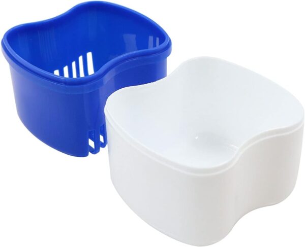 Caja de prótesis dentales tercera almacenamiento, 2pcs caja de dientes de la dentadura de plástico PE, copa de ortodoncia con cesta de filtro colgante, caja de prótesis dentales capa (Blanco/Azul) - Image 4