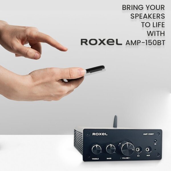 Roxel AMP-150BT Amplificador para receptor de audio estéreo Bluetooth de 2 canales, mini amplificador de alta fidelidad para altavoces de hasta 90 W x 2, con control de graves y agudos - Image 4